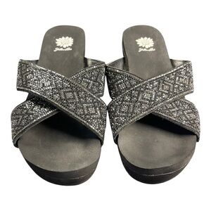 Yellow Box Black Sparkly Wedge Sandals - Size 10